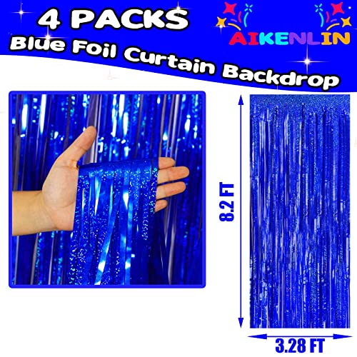 Image of 4 Pack 3.2Ft x 8.2Ft Blue Foil Fringe Curtain Backdrop, Metallic Tinsel Foil Fringe Streamers Curtains Background for Photo Booth, Birthday, Wedding, Disco, Bachelorette, Christmas Party Decoration