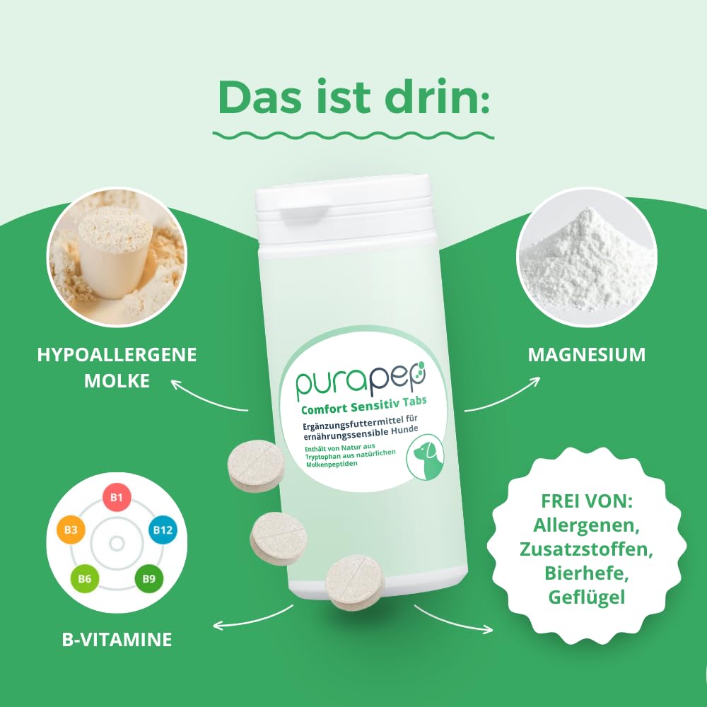 Comfort Sensitiv Tabs – Natürlicher Entspannungs-Komplex für ernährungssensible Hunde – Mit Tryptophan aus Molke, Magnesium und B-Vitaminen – 150 Tabs