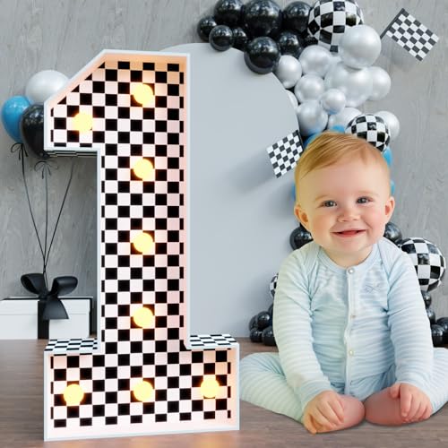 Marquee Numbers Race Car 1st-Birthday-Decorations: 3ft Large Light Up Numbers Fast One Party Decor Boy First Big Cardboard Number 1