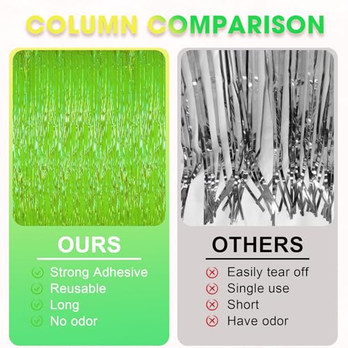 Image of Voircoloria 2 Pack Green Iridescent Tinsel Foil Fringe Curtains, Neon Party Decorations, Metallic Tinsel Party Streamers Backdrop for Birthday Baby Shower Halloween Wedding Party Decorations