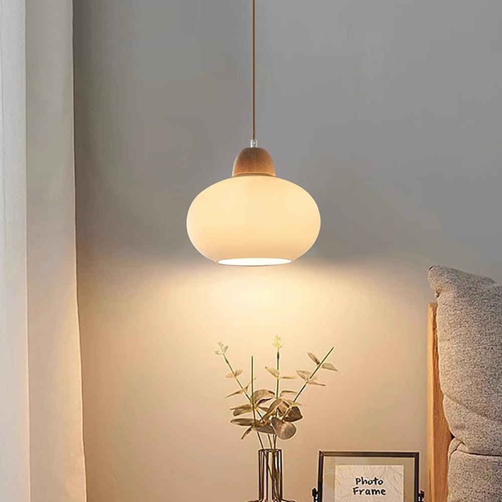 Nowoczesna lampa wisząca ze szkła opalowego w stylu nordyckim - mała lampa ścienna na wyspę kuchenną, jadalnię, sypialnię - elegancka drewniana oprawa sufitowa