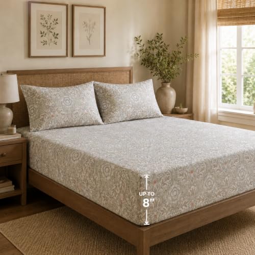 Image of Linen Home Cotton Percale Fitted Bedsheet Set Queen Size Damask Pink
