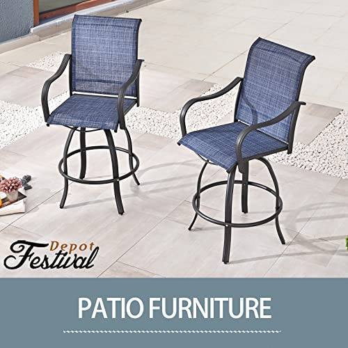 Festival Depot 2Pcs Bar Bistro Patio Dining Chairs Textilene High Stools 360° Swivel Chairs With Curved Armrest And Metal Frame Outdoor Furniture For Garden Pool All-Weather (Blue) #TOP6
