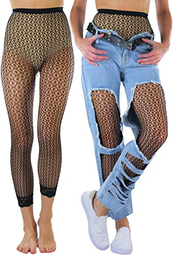 Image of ToBeInStyle Women's Single Floral Lace Fishnet Tights Footless & Stirrup Design