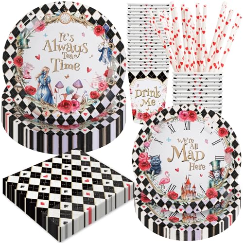 120 Pièces Décorations de Fête d'Anniversaire sur le Thème de Alice au Pays des Merveilles, Fournitures de Fête sur le Thème de Tea, Vaisselle Jetable | Pour 24