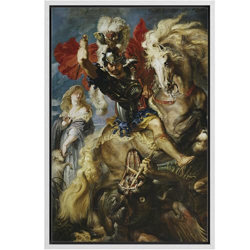 wall26 - Oil Painting of St George Fighting The Dragon by Peter Paul Rubens in 1606-10 - Baroque Style - Saint, Catholic - Framed Canvas Art Home Art - 24