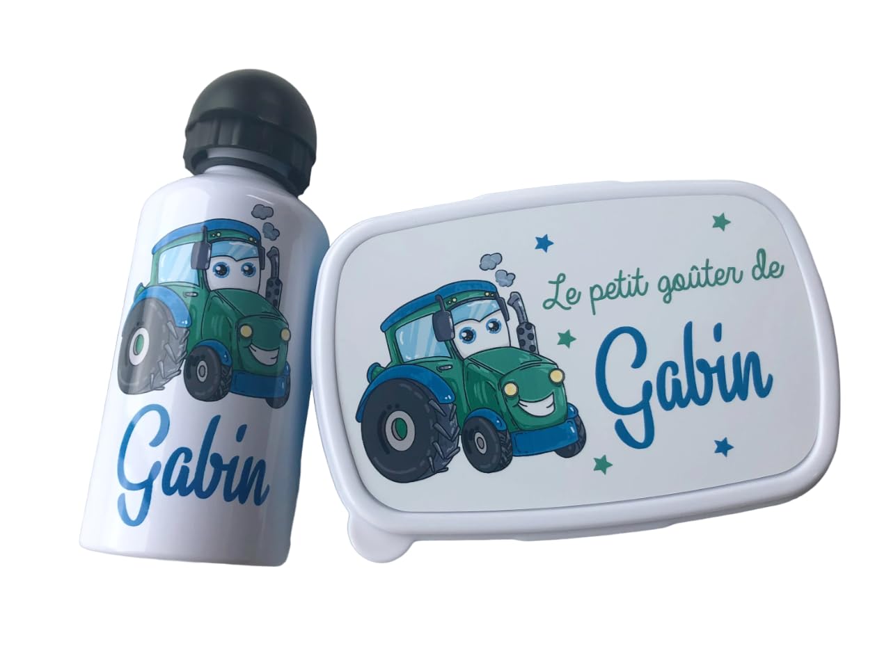 Set goûter enfant personnalisé – Boîte + gourde tracteur avec prénom – Motif fond bleu – Idée cadeau rentrée crèche école maternelle – Gabin