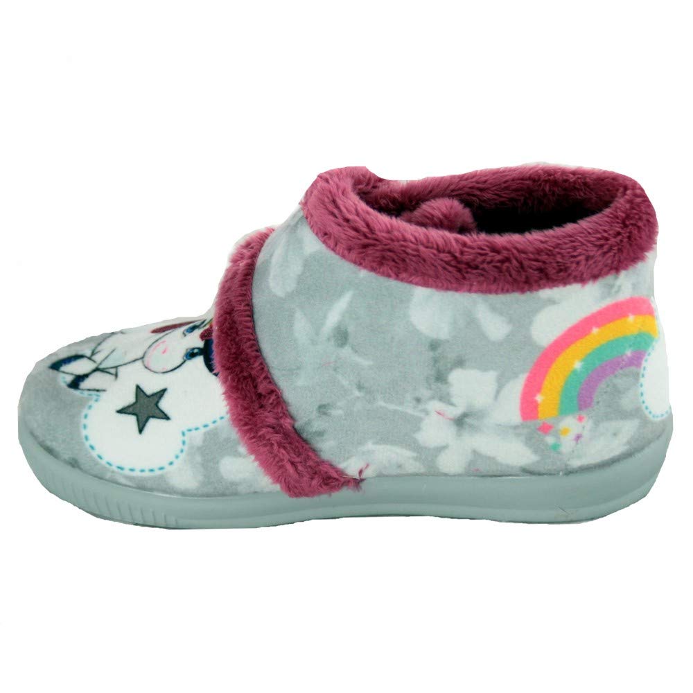 Vulcabicha 1090 - Zapatillas de Estar Infantiles Cerradas con Adhesivo Textil Grises con Dibujo de Unicornio y Purpurina