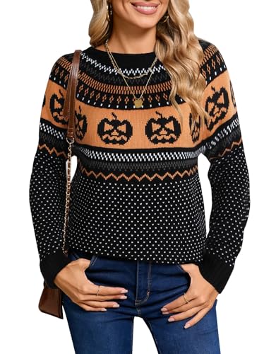 Image of Women's Fair Isle Sweaters Long Sleeve Crew Neck Loose Casual Halloween Pullover Sweater Black Small