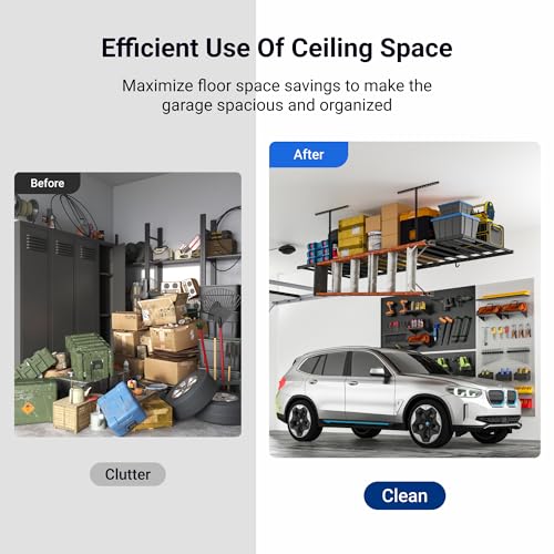 Image of FLEXIMOUNTS 4x8 Overhead Garage Ceiling Storage Rack with 6 Hooks, Black