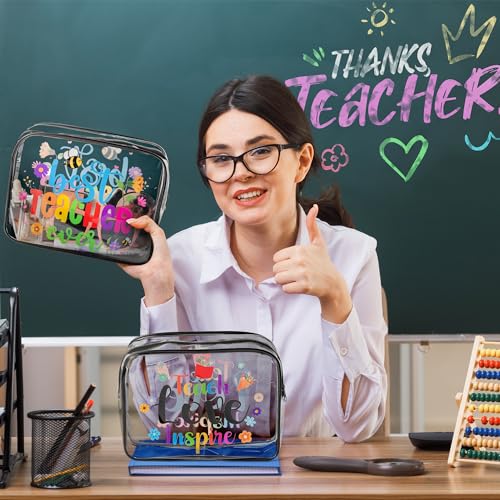 Y1tvei Teacher Appreciation Makeup Bag - 8Pcs Best Teacher Ever Teach Love Inspire Cosmetic Bag with Apple Keychain Waterproof Clear Makeup Pouch Travel Toiletry Bag Graduation Gift for Teacher