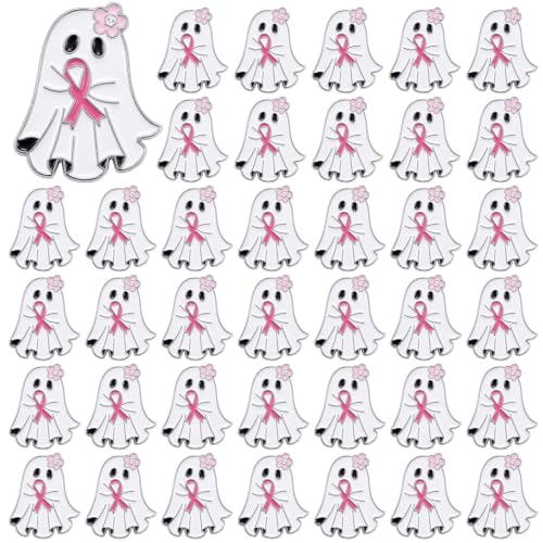 Image of 60Pcs Breast Cancer Awareness Lapel Pins Pink Ribbon Ghost Accessories | vital cause! SANNIX 60-piece alloy pins combine Halloween fun with Breast Cancer Awareness. Durable.