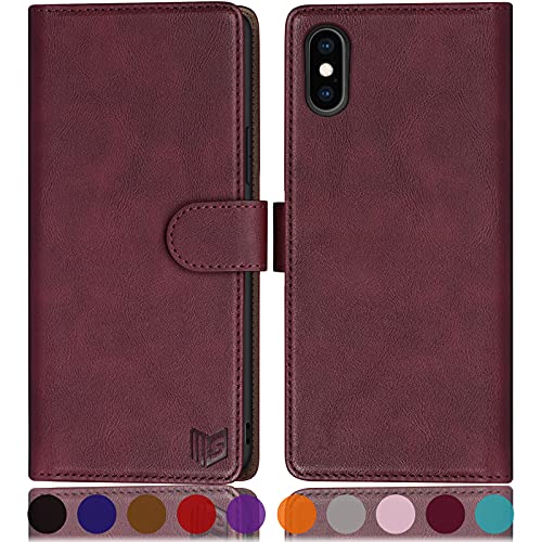 Étui portefeuille iPhone X et XS SUANPOT en cuir rouge avec porte-cartes et blocage RFID