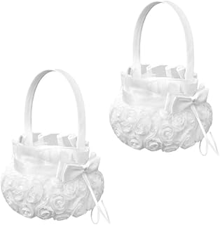 Veemoon 2Pcs Wedding Basket Decorative Rose Embroidery Exquisite Delicate Flower Girl Baskets Petal Candy Basket for Wedding Ceremony Party