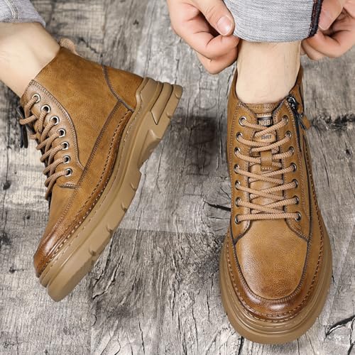 Image of Men'S Leather Chukka Boot With Side Zipper Round Toe Comfort Fleece-Lined Anti-Slip Platform Lace-Up Casual Oxford Boots For Hiking Travel Motorcycle