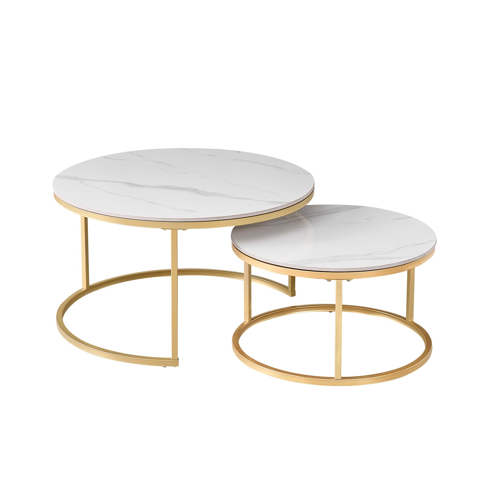 Juego de 2 Mesas de Centro Nido de Mármol con Tablero de Mármol Blanco y Estructura de Metal Dorado. Mesa Auxiliar Redonda Moderna para Salón - 70 x 70 x 45 cm