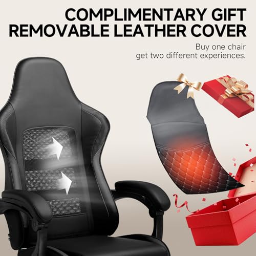 Image of GTPLAYER Gaming Chair, High Back Computer Gaming Chair with Footrest, Ergonomic Height Adjustable Office Chair with Removable Cover and Lumbar Support for Gaming & Work (BLK,with Leather Cover)