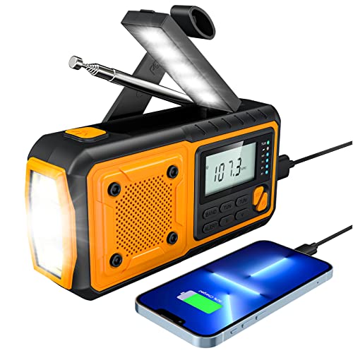 Radio d'Urgence Portable FM/AM avec Manivelle Rechargeable, Radio Dynamo avec Lampe de Poche LED et Batterie, Batterie Externe 1200mAh