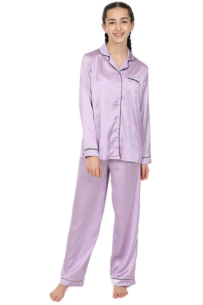 Thepyjamafactory Girls Purple Satin Long Lilac Pyjama Set Summer Silk Pjs For Kids (8-9 Years)