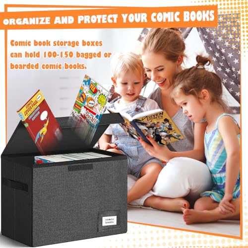 Image of Leffis 4 Pack Comic Book Storage, Collapsible and Stackable Comic Short Box, Moistureproof Comic Box with Lid and Label Slot 15.5 inch X 7.5 inch X 11.3 inch Holds 150 Comics