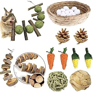 Camiter Rabbit hay Straw Resting Basket Bedding Nest with Play Balls Pine Cone Carrot Bunny Chew Toy Molar Teeth Set 11pcs for Guinea Pig Chinchilla Squirrel Hamster and Small Animal
