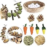 Camiter Rabbit hay Straw Resting Basket Bedding Nest with Play Balls Pine Cone Carrot Bunny Chew Toy Molar Teeth Set 11pcs for Guinea Pig Chinchilla Squirrel Hamster and Small Animal
