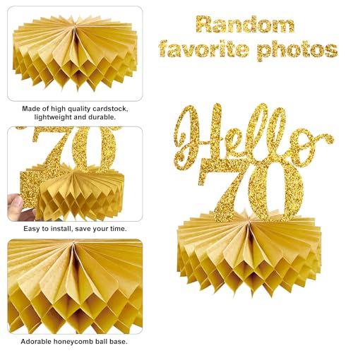 Image of Eucutur 8Pcs 70th Birthday Decorations Honeycomb Centerpieces for Women Men, Black Gold Vintage 1956 70th Bday Photo Table Centerpieces Party Supplies, Glitter Cheers to 70 Year Old Bday Table Topper