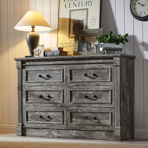 Image of Aitjunz Farmhouse 6 Drawer Dressers for Bedroom, 47'' Wide Dresser & Chests of Drawers w /Roman Columns, Horizontal Wooden TV Stand Dresser w /Metal Handle for Bedroom, Hallway, Living Room, Light Grey
