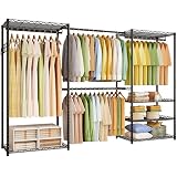 ecobedding Heavy Duty Garment Rack, 900LBS Max Load Freestanding Closet Organizer with 6 Storage Shelves & 3 Adjustable Hanging Rods, Multifunctional (Black, 15.75' D x (69.7~88.2)' W x 79.5' H)