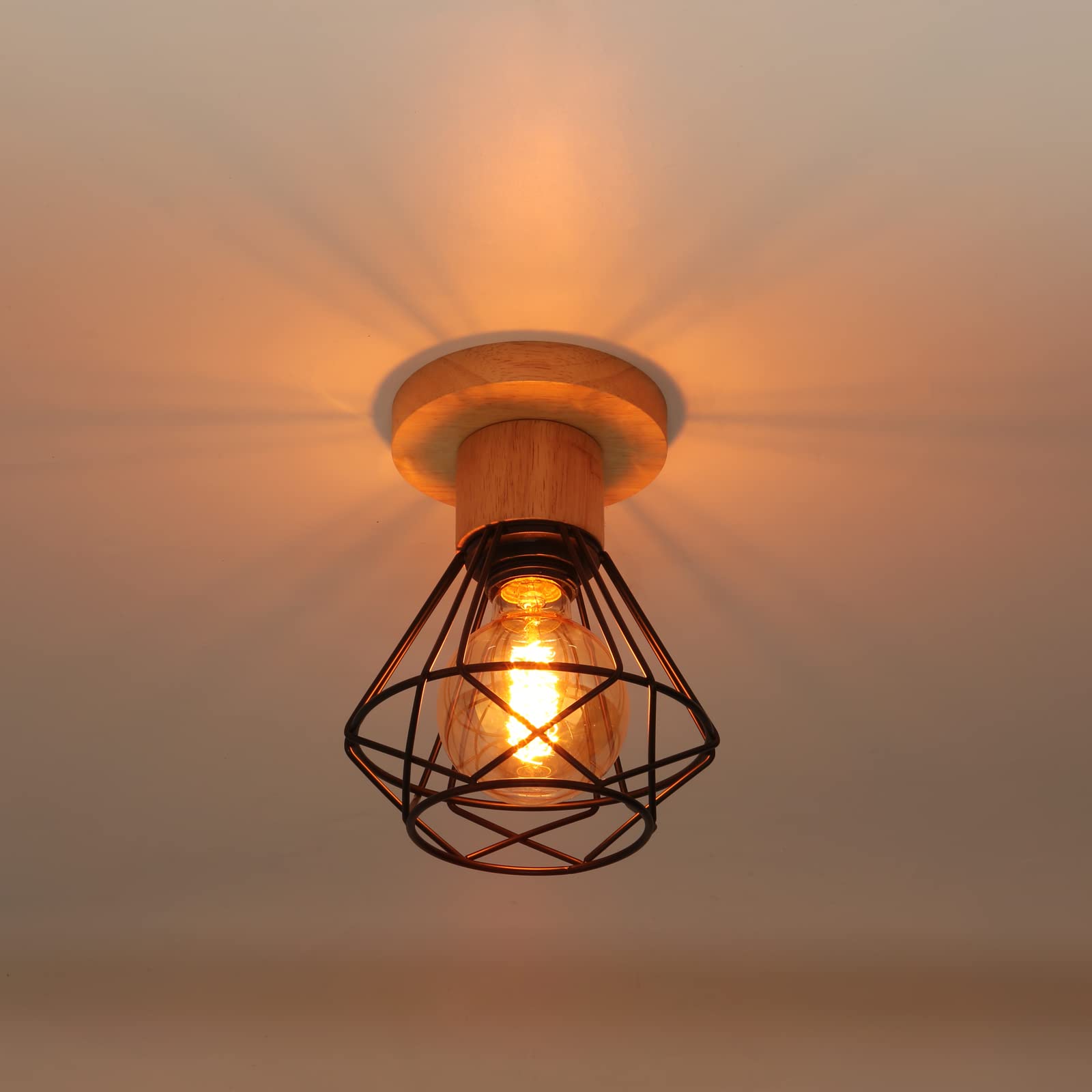 iDEGU Zestaw 2 lamp sufitowych przemysłowych, 16 cm Vintage E27 Retro żyrandol wisząca z żelaza i drewna Klatka Design Czarna lampa sufitowa do wejścia do przedpokoju sypialni kuchni