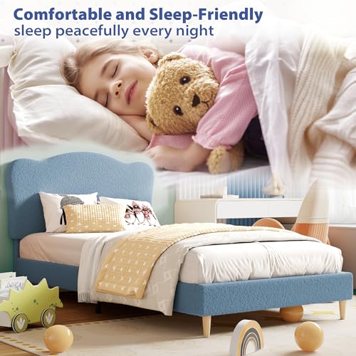 GarveeHome Upholstered Twin Size Bed Frame for Kids with Scallop Headboard, Cute Velvet Twin Bed for Girls, Boys, Sturdy Platform Bed, No Box Spring Needed, Wooden Slats, Noise Free, Blue