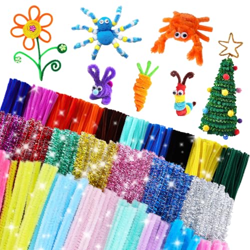 400 Stück Pfeifenputzer Bunt zum Basteln 30 Farben Glitzer Pfeifenreiniger Chenilledraht 30CM Pfeifenputzer Blumen Set Bunt zum Basteln mit 100 Kulleraugen Pfeifenreiniger für DIY Kinder Dekorieren