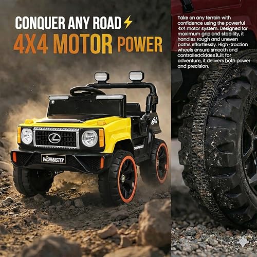 Image of Wishmaster 4x4 Kids Electric Ride On Jeep with Remote Control | Battery Operated Car for Kids 2-6 Years | RGB LED Lights, Bluetooth Music | Birthday Gift | 1-Year Warranty On Motors & Motherboard