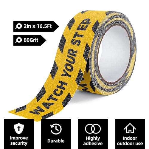 Image of Reniteco Anti Slip Tape - 2 inch x 16.5 Ft, Watch Your Step Floor Tape - High Adhesion & Waterproof, No Residue Removal for Outdoor Stairs, Tile, Shower, Bathtub - Extra Grip Safety Tape