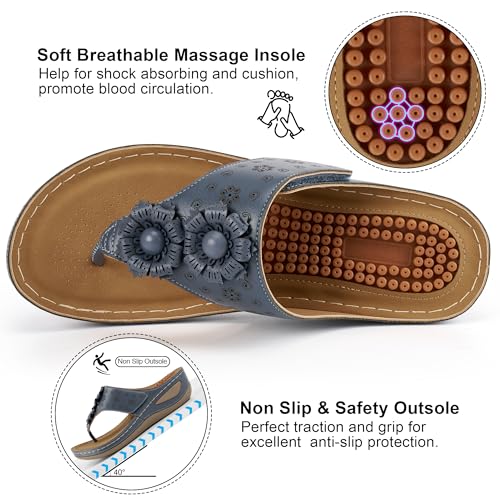 Image of Ecetana Womens Wedge Flip Flops: Orthopedic Cushion Non Slip Sandals - Comfortable Walking for All Day - Stylish Flower Adjustable Thong Sandals for Summer Casual Outing