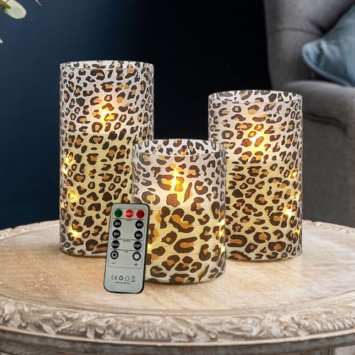 Image of Flickering Flameless Candles, Recessed String Light LED Candles 3D Wick Acrylic Battery Operated LED Pillar Candles with Remote and Timer for Modern Simple Home Decor Set of 3(Leopard)