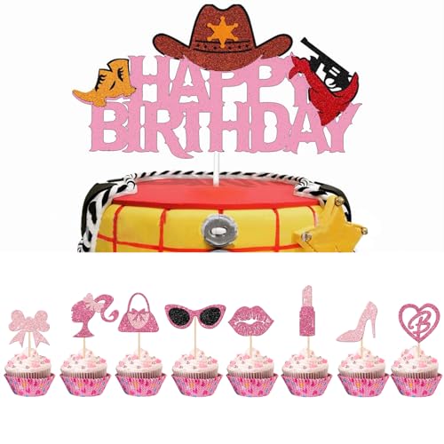 Biendo 6903460 32 Pcs Glitter Pink Princess Cupcake Toppers Girl Cupcake Picks Handbag Glasses Bow Tie Lipstick High Heel Cake Decorations thumb #5