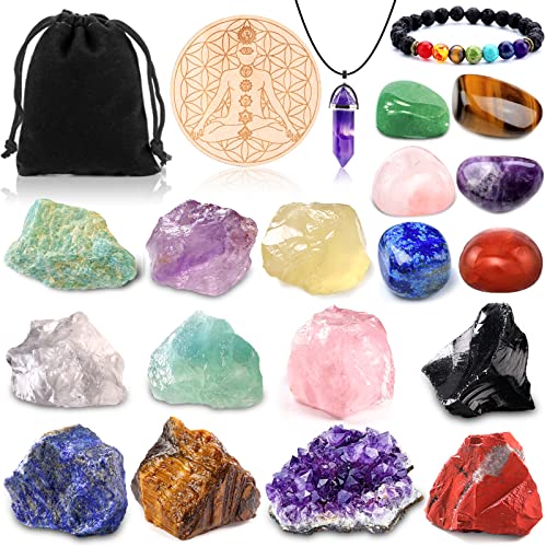 Purpledi Set di Pietre Chakra, Set di Cristalli di Chakra, Set di Cristalli Curativi Naturali e Pietre Chakra con Grappolo di Ametista, per la Meditazione Yoga di Guarigione Pietra Grezza Naturale