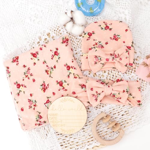 Image of DRESHOW BQUBO Baby Girl Newborn Floral Receiving Blankets with Bow Hat Headband Wooden Birth Announcement Card Set Newborn Baby Swaddling Hats Swaddle Blanket Toddler Warm Shower Gift