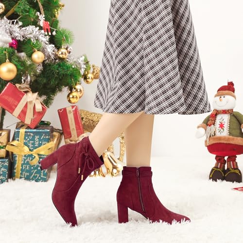 Allegra K Allegra K Women's Pointed Toe Block Heel Zipper Burgundy Ankle Boots 9 M US