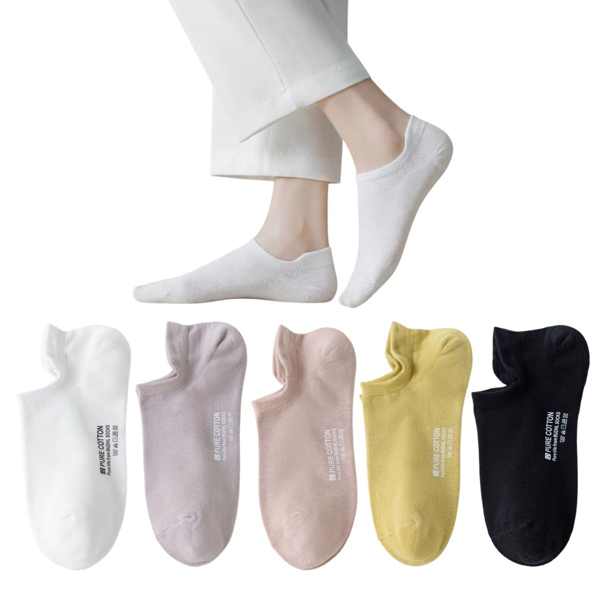 Women's Pure Cotton No Show Ankle Socks 5 Pairs Low Cut Heel Tab Soft 4-8