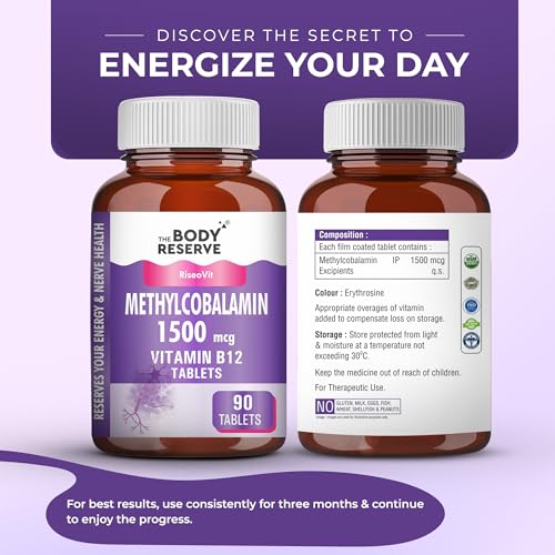 Image of THE BODY RESERVE Vitamin B12 Tablets 1500 mcg as Methylcobalamin Vitamin B12 Supplements for Men & Women -90 Veg tablets (3 Months Supply Pack)