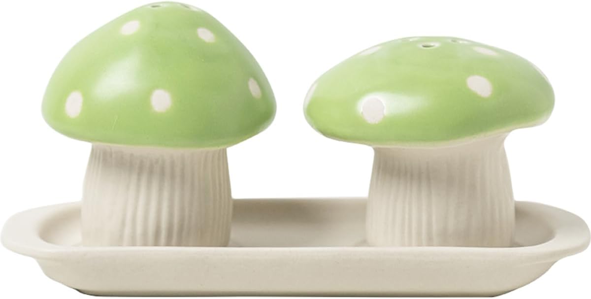 Sizikato 2pcs Porcelain Salt and Pepper Shakers with Tray, Mushroom Shape