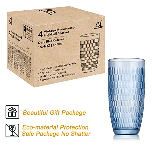Creativeland Drinking Glasses Stability Dark Blue 14.8Oz Set Of 4 Highball Glass Cups, Vintage Tall Beverage Water Tumblers For Soda,Juice,Beer,Iced Tea,Party Cocktails,Dishwasher Safe On Kitchen #TOP7