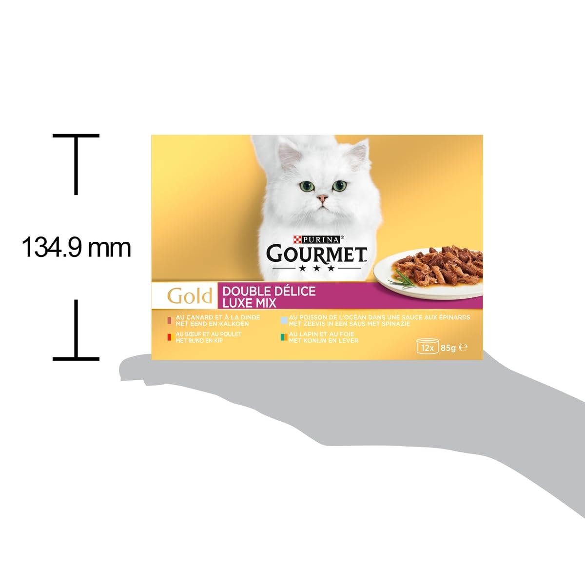 GOURMET | Gold | Double Délice | Chat Adulte | Filettines en Sauce | Bœuf et Poulet, Lapin et Foie, Poisson de l'Océan Sauce aux Epinards, Canard et Dinde | Boîtes | Lot de 8 (12 x 85 g)