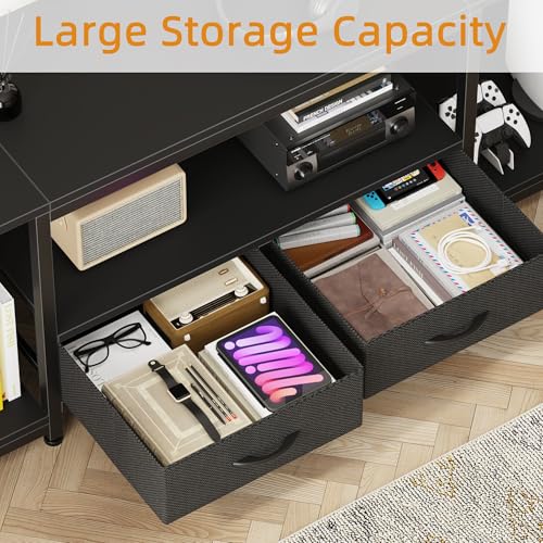 Image of GYIIYUO LED TV Stand with Mount and Power Outlet & Fabric Drawers for 32-85 Inches TV - Entertainment Center and Industrial TV Console Table for Living Room, Bedroom- 47.5 inch Black
