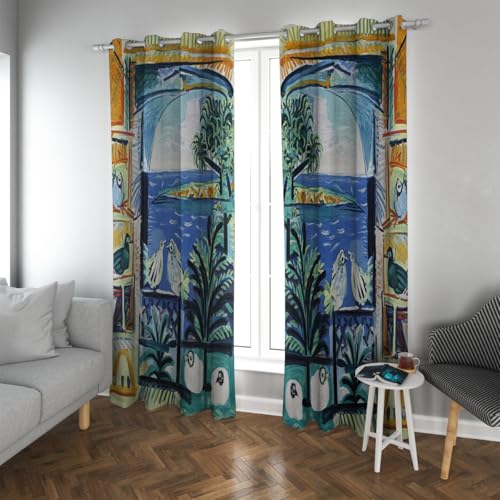 海岸の風景遮光カーテンコートダジュール有名な絵画プリントルーム暗くポリエステル生地アイレットカーテン、書斎寝室用 幅100cm x 丈185cm 2枚組
