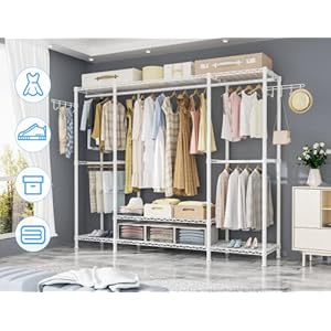 Ulif E3 Heavy Duty Garment Rack, 4 Tiers Freestanding Closet Organizer System with 5 Shelves, Metal Closet Organizer and Storage System for Clothes, Max Load 650lbs, 57.1"W x 14.5"D x 77.3"H, White Ulif E3 Heavy Duty Garment Rack 4 Tiers Freestanding Closet Organizer System with 5 Shelves Metal Closet Organizer and Storage System for Clothes Max Load 650lbs 571W x 145D x 773H White