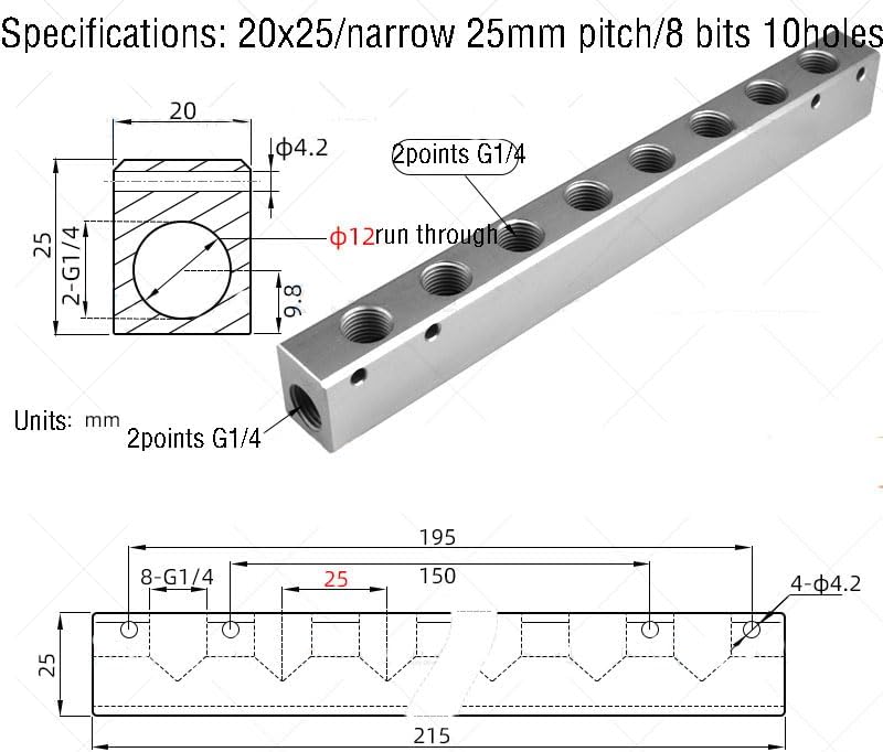 20x25 G1/4 to G1/4 Exhaust Thickened Split Teeth Exhaust Source Oil Water Distribution Shunt Block Straight-Through (Color : 8 Way (25mm))