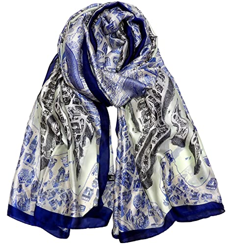 Iristide Long Silk Scarf Summer Lightweight Satin Shawl Outdoor Floral Large Wrap 70''X35'',04-Blue #TOP5